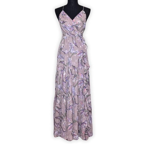 ASTR‎ the label V-Neck Printed Holland Ruffled Cascade Maxi Dress Lilac Size M - Picture 1 of 12